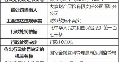 大家财险深圳分公司因财务数据不真实被罚10万元