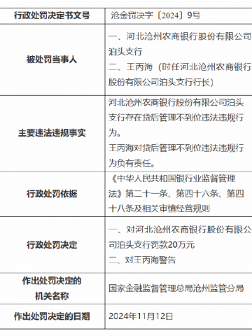 河北沧州农商银行泊头支行被罚20万元：因贷后管理不到位