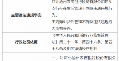 河北沧州农商银行泊头支行被罚20万元：因贷后管理不到位