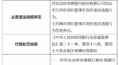 河北沧州农商银行泊头支行被罚20万元：因贷后管理不到位