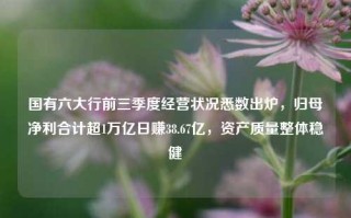 国有六大行前三季度经营状况悉数出炉，归母净利合计超1万亿日赚38.67亿，资产质量整体稳健