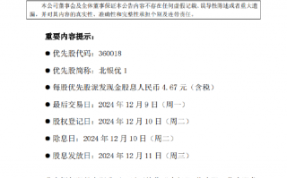 北京银行：发布优先股股息发放实施公告 每股优先股派发现金股息人民币4.67元