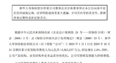 新华保险：前10月原保险保费收入1556.32亿元 同比增长1.8%